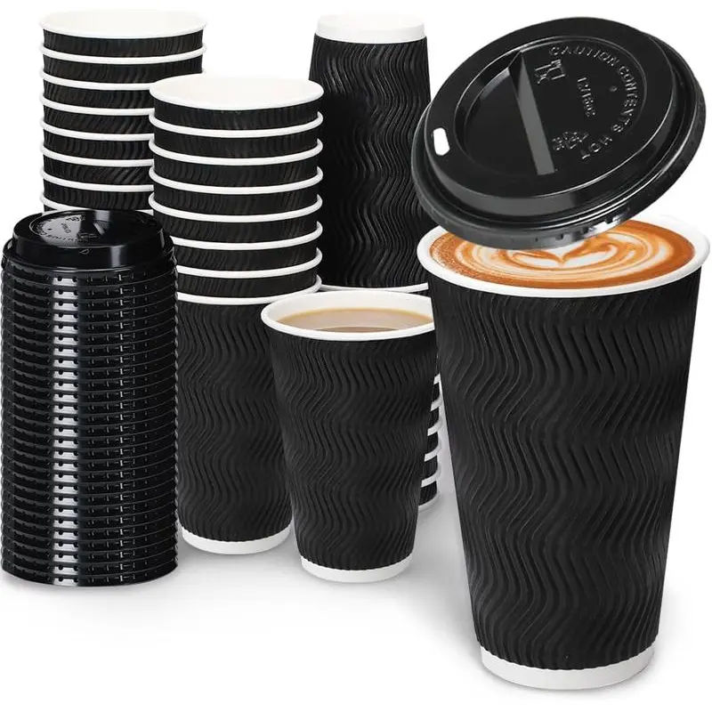 J.C Daily life 16oz Coffee Cups with Lids, 100 Pack Insulated Ripple Paper Cups, Disposable Coffee Cups for Water, Juice, Coffee Home Black,FathersDayGift