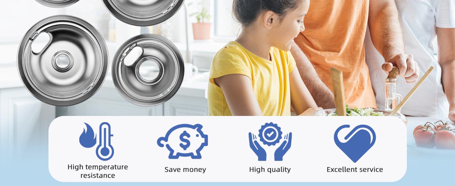 W10196406 and W10196405 Chrome Stove Burner Drip Pan Set for Whirlpool Amana Maytag Magic-Chef Kenmore Electric Range with Locking Slot, Includes 2 6-Inch and 2 8-Inch Drip Bowls