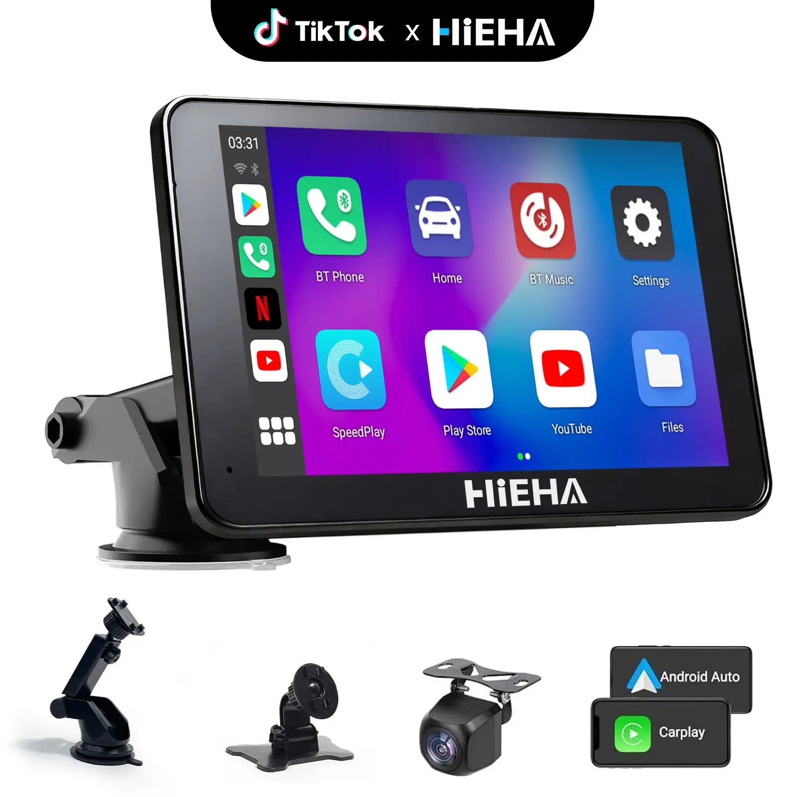 【HiEHA】7" HD Wireless CarPlay & Android Auto Portable Touchscreen Car Stereo, Mirror Link, GPS Navigation, FM Transmitter, AUX, Bluetooth 5.2, Voice Control, Universal for All Vehicles