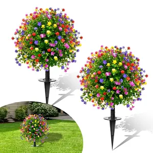 23" Artificial Topiary Boxwood Ball Trees with Ground Spike, Set of 2, UV Resistant Fake Bushes Plants with Camellia Flowers, Faux Cedar Balls Shrubs for Outdoor Indoor Front Porch Garden Decor