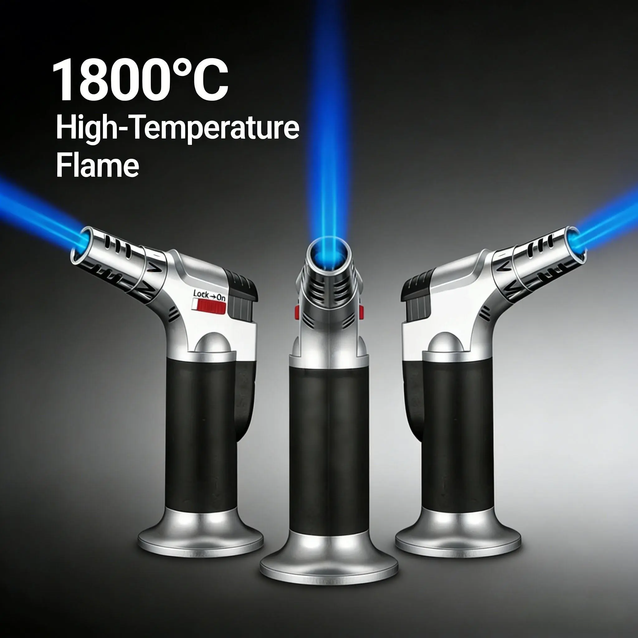 Refillable Adjustable Blue Flame Butane Torch Lighter, Windproof Metal Torch with 360° Rotatable Aim, Safety Lock, for Home Bakeware, Campfire/BBQ Party, Charcoal Grill Lighter Accessories (Butane Gas Not Included)