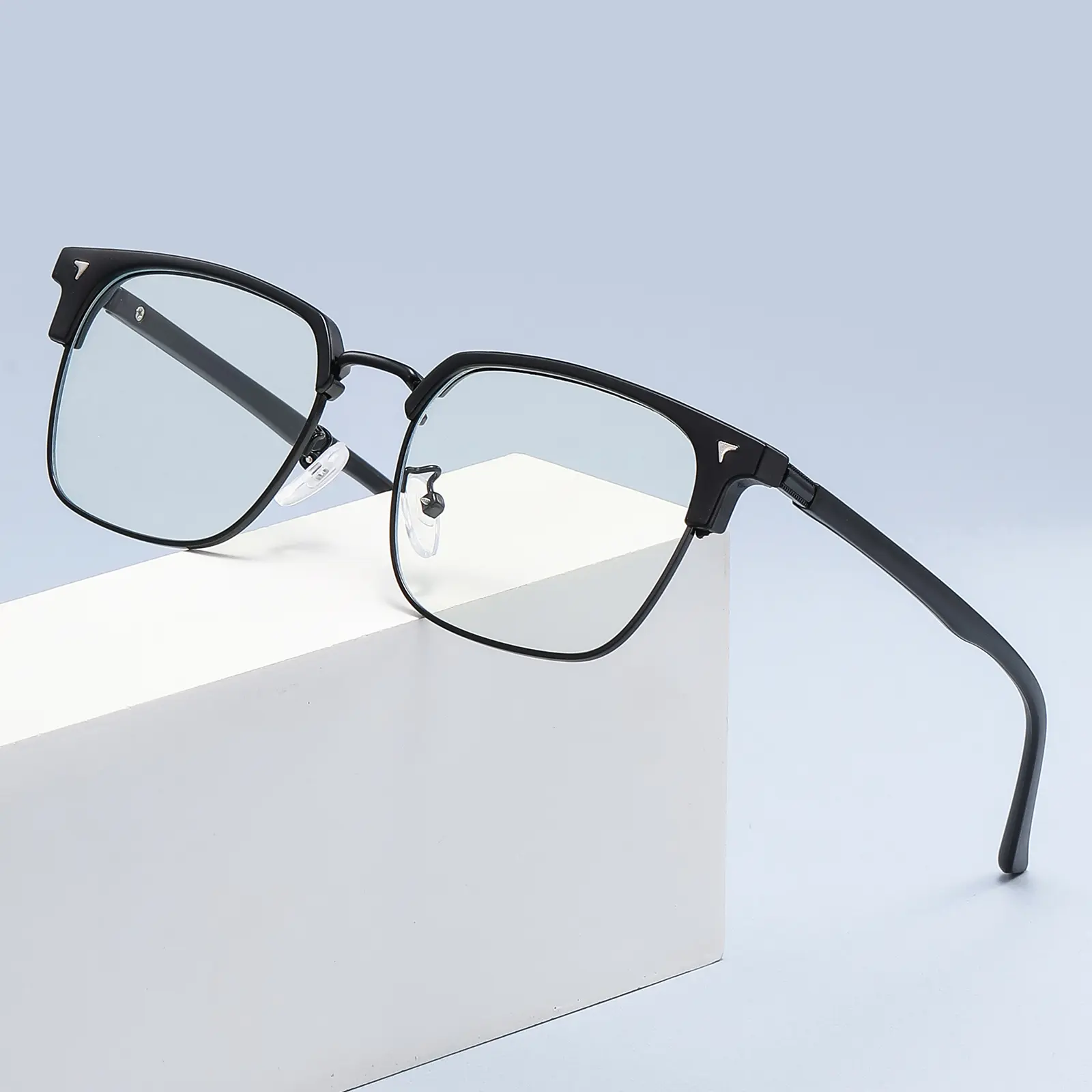 [Blue Light Blocking] Retro Square Semi-Rimless Glasses | Stylish PC + Metal Wear-Resistant Blend Non-Prescription Glasses for Reading, Gaming, and Computer Use (Includes Cleaning Cloth & Case)