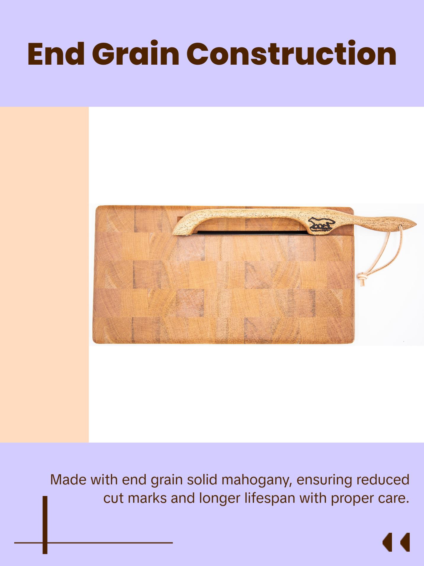 Cutting board--end grain mahogany cutting board and bow knife set