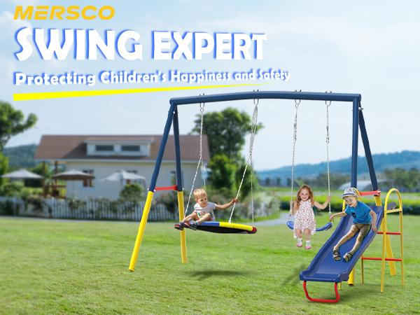 MERSCO 3 In 1 Metal Kids Swing Set With Slide,Saucer Swing ,SWING Seat,Heavy Duty Outdoor A-Frame Metal Swqing Stand For Playground,Holiday bundle packs MERSCO 3 In 1 Metal Kids Swing Set With Slide,Saucer Swing ,SWING Seat,Heavy Duty Outdoor A-Frame Metal Swqing Stand For Playground,Holiday bundle packs