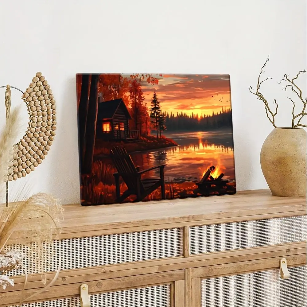 2D Flat, 1pc Wood Framed Canvas Wall Art - Cozy Autumn Lakeside Cabin Sunset Painting, Vibrant Fall Colors, Wrapped Canvas Frame, Art Deco Style for Living Room, Bedroom, Hallway Decor, Canvas Art Wall Decor, Hallway Decoration, Sunset Landscape	