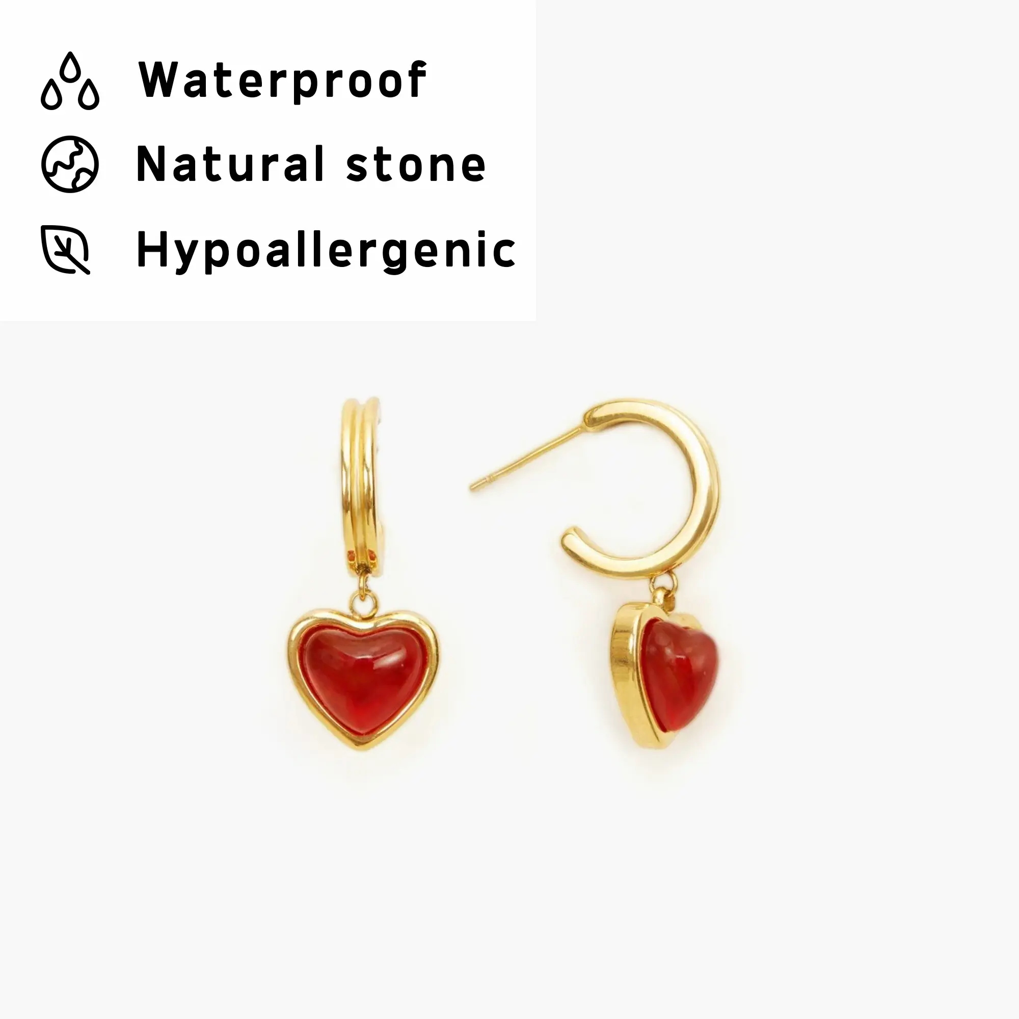 en route 18K Gold Plated Gold Carnelian Stone Hoop Earrings, Waterproof Everyday Jewelry with Natural Carnelian, Classic Heart-inspired, Perfect for Casual & Chic Styling