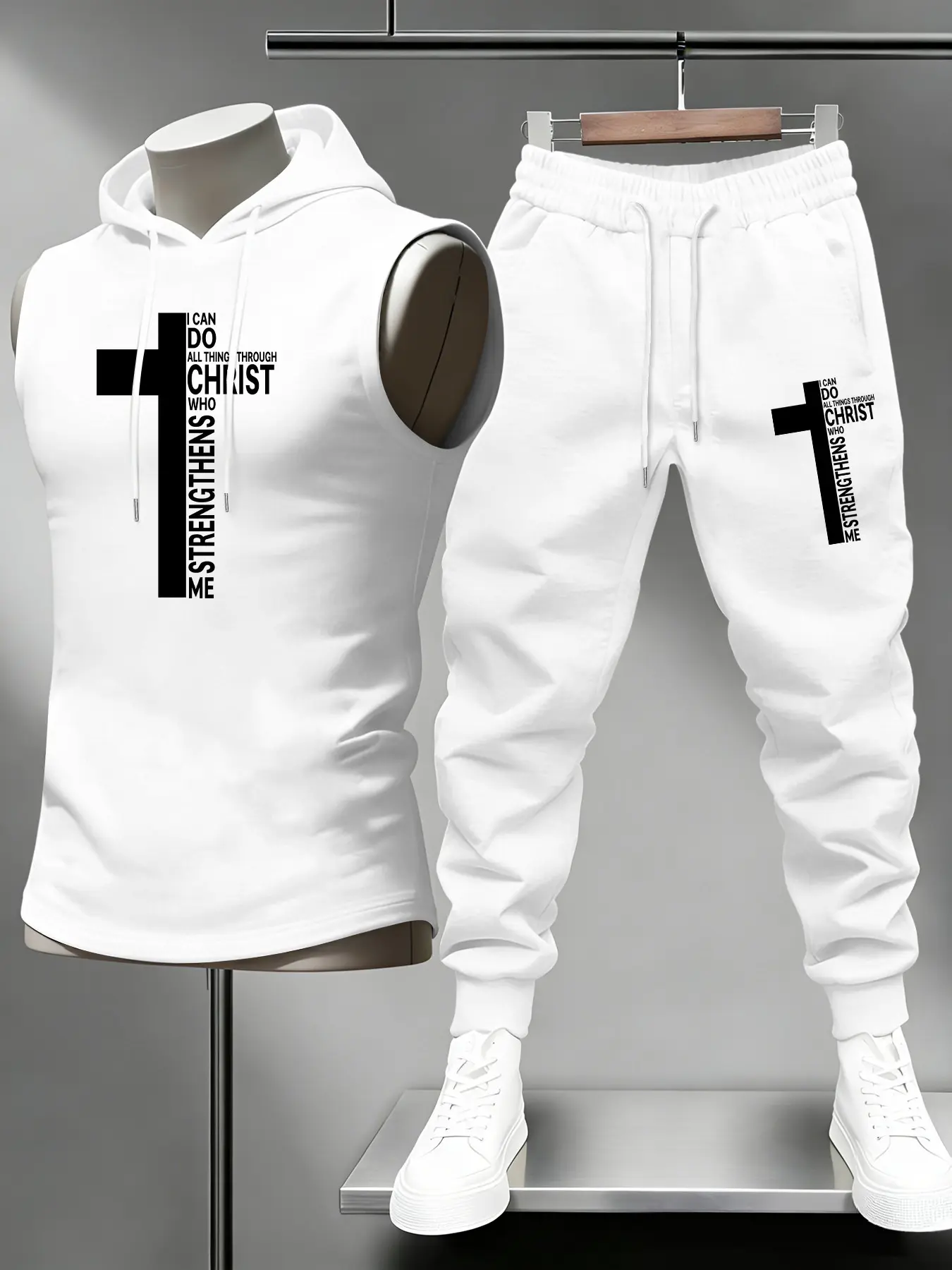 Men's Trendy Cross Faith Print Sleeveless Hoodie and Loose-Fit Jogger Pants 2-Piece Set, Athleisure Wear Set, Casual Sweatsuit Outfits, Casual Sportswear, Sporty Fashion Set