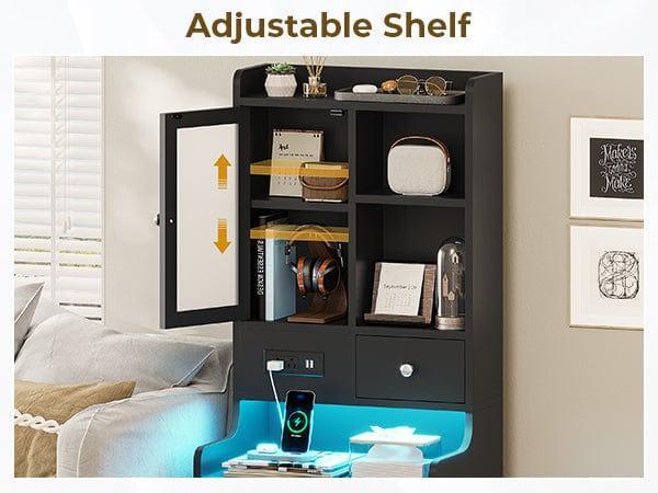 Sikaic LED Tall Nightstand Side Table with Charging Station Drawers Shelves Glass Door Storage Usb Ports Rgb Light Strips