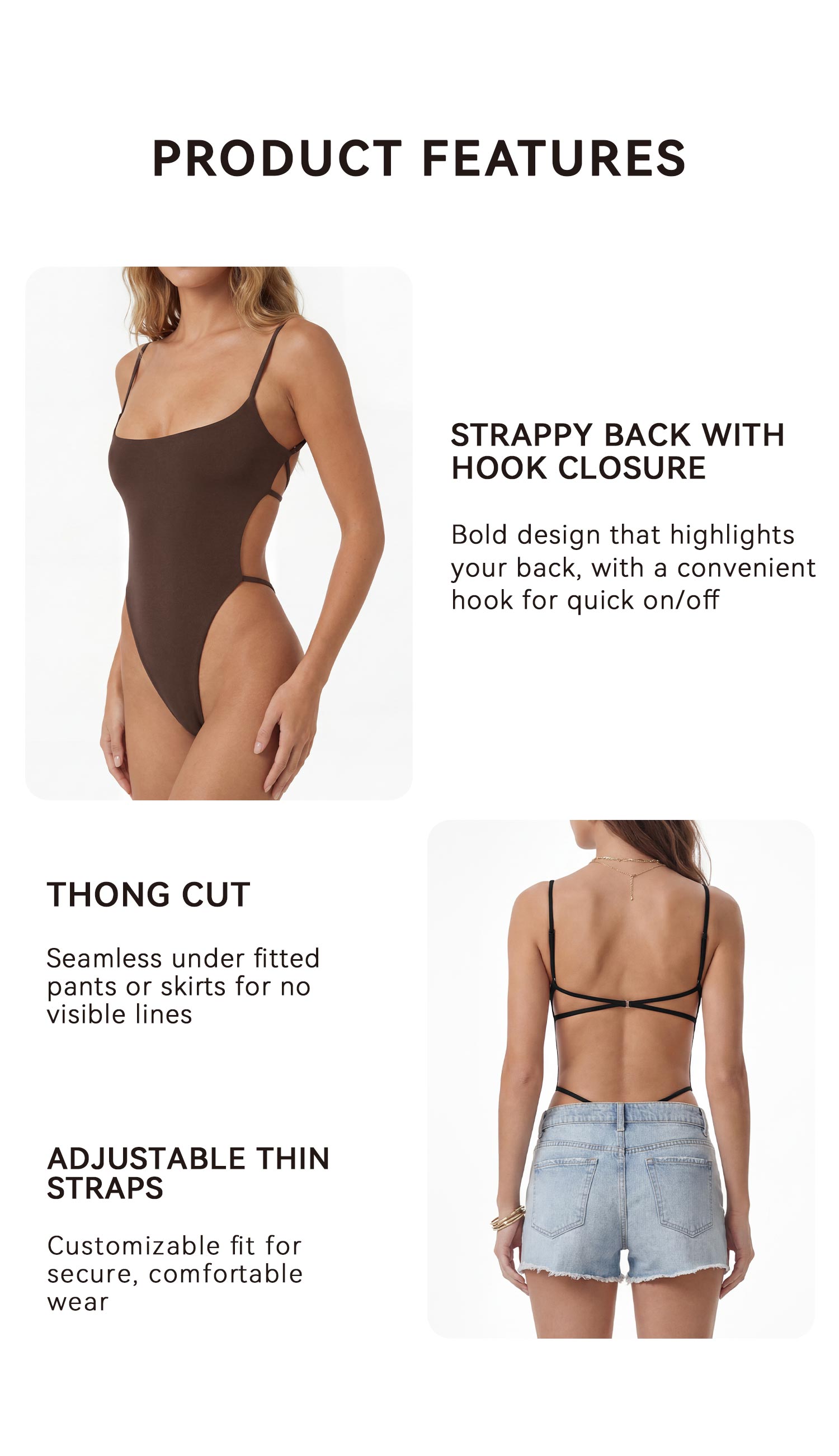 OQQ-Nine cents Women's  Backless Bodysuit - Sexy Cutout Sling Design, Tight Butt-Lifting Hot Girl Style for Inner or Outer Wear