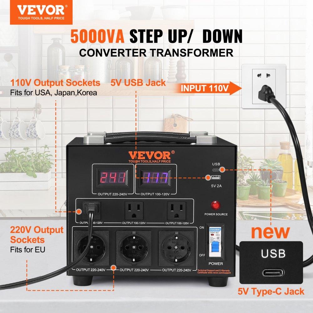 VEVOR Voltage Converter Transformer, TikTokShopBlackFriday, Max. 5000W, Heavy Duty Step Up/Down Transformer, Convert from 110 Volt to 220 Volt and from 220 Volt to 110 Volt, with US Outlet EU Outlet 5V USB Port VEVOR Voltage Converter Transformer, TikTokShopBlackFriday, Max. 5000W, Heavy Duty Step Up/Down Transformer, Convert from 110 Volt to 220 Volt and from 220 Volt to 110 Volt, with US Outlet EU Outlet 5V USB Port