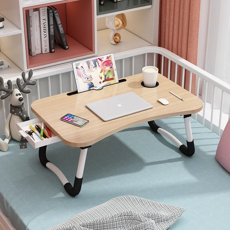 Back To School Foldable Lap Desk for Bed, Wooden Bed Tray Desk with Tablet Slot, Cup Holder & Side Storage Drawer, Portable Laptop Stand for Couch, Sofa, Floor, Reading & Eating