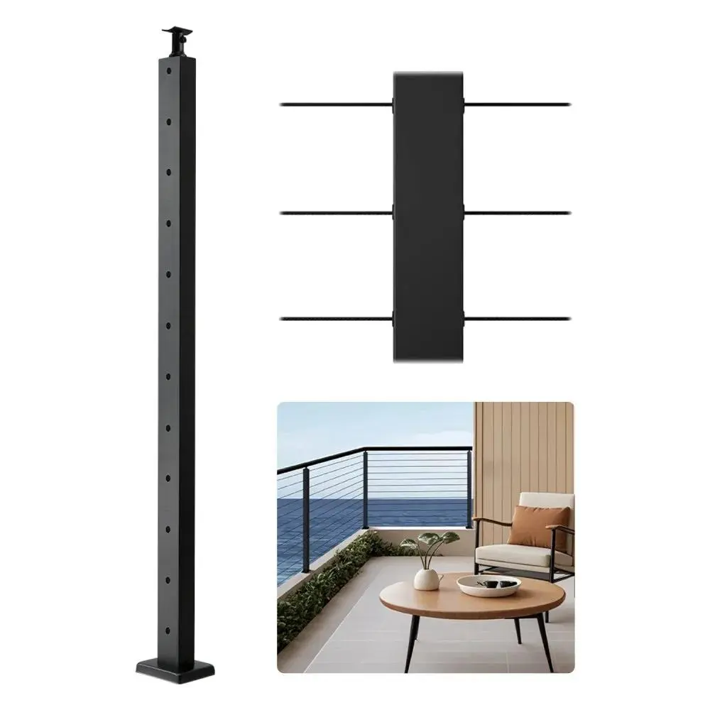 VEVOR Stainless Steel Cable Railing Post, 42x1x2 In Metal Deck Stair Post (1-Pack), Pre-Drilled Pickets with Mounting Bracket Kit, Black for Decks, Fences, Hotels