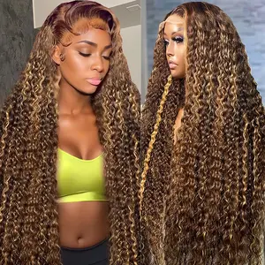 Deep Wave Honey Blonde Lace Front Wigs Human Hair 180 Density 13x4 HD Transparent Frontal Wigs Human Hair for Women Deep Curly Glueless Wigs Human hair Pre Plucked with Baby Hair Natural Black