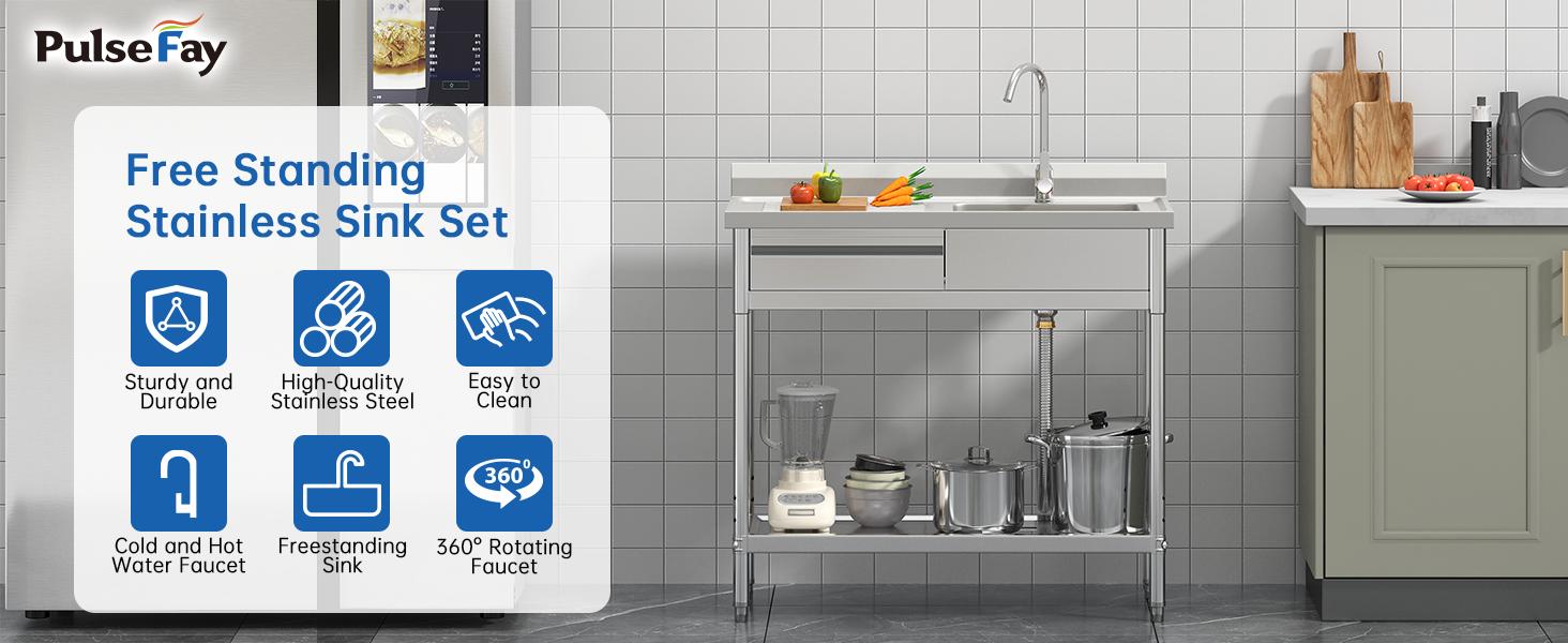 39" Stainless Steel Utility Sink with Left Drawer and Drainboard Freestanding Laundry Sink with Hot & Cold Faucet 304 Matte Finish Single Bowl 17"x13" with Backsplash for Indoor/Outdoor