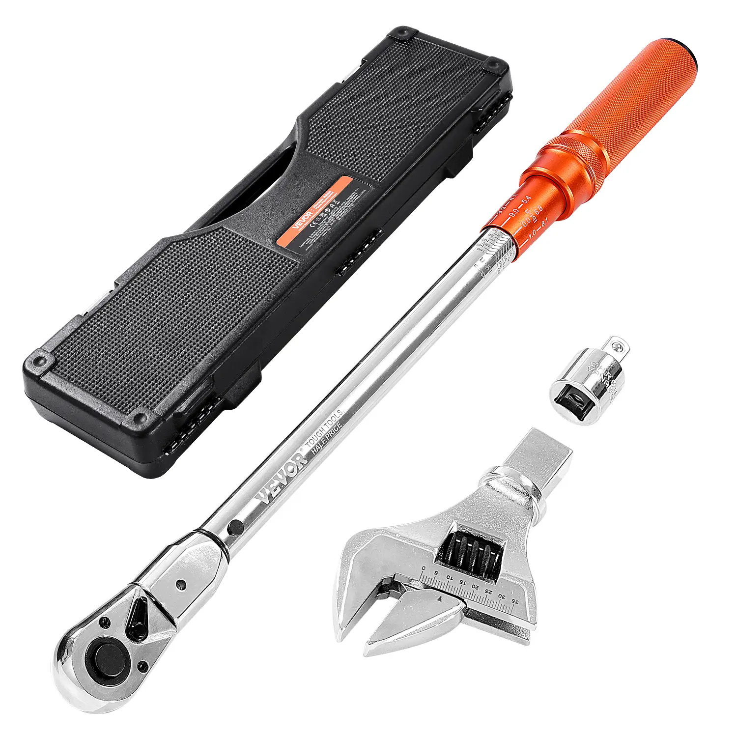VEVOR 1/2 Inch Drive Alloy Steel Adjustable Click Torque Wrench, Fathers Day Gift, 20-160 lbf-ft/27.1-216.8 N.m, 72-Tooth ±2% Accurate, Reversible Dual-Range Scales, Interchangeable Jaw & Ratchet Head with Adapter, Mechanic Tool, Tool Box Compatible