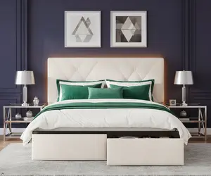 【2 Storage Drawers】Queen Size Bed Frame with 45''H Adjustable Velvet Headboard,900Lbs Overload Capacity,Sturdy & Stable Structure,Central Support,Upholstered Platform LED Bed Frame with USB Outlet,No Mattress,No Noise,Help you fall into a deep Sleep