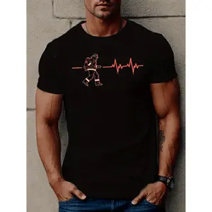 Firefighter Silhouette with Heartbeat Line Men's Short Sleeve T-shirt Summer T-shirt Top