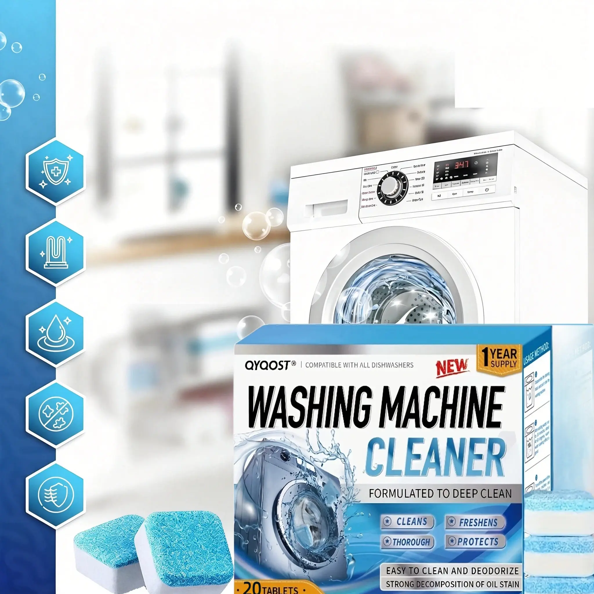 Washing Machine Cleaner Descaler 20 Pack - Deep Cleaning Tablets For HE Front Loader & Top Load Washer, Septic Safe Eco-Friendly Deodorizer, Clean Inside Drum and Laundry Tub Seal Limescale Remover