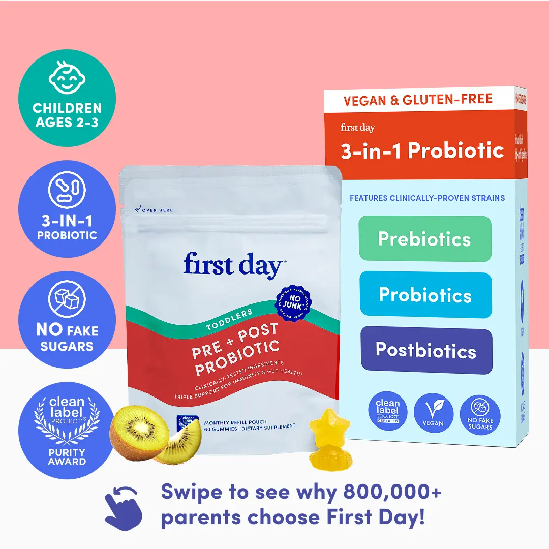 First Day Toddler Tribiotic Gummies Ages 2-3, Natural Kiwi Flavor — Livaux Prebiotic, SNZ 1969 Probiotic, MCC1849 Postbiotic — Gut Health, Immunity, Healthy Digestion, Constipation Relief — 30-Day Supply, Vegan, Non-GMO, No Junk