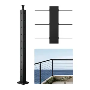 VEVOR Cable Railing Post, 36x2x2 Inch Corner Railing Post, with L-Shaped Pre-Drilled Holes, Stainless Steel Cable Rail Post with Horizontal and Curved Bracket, 1-Pack, Black