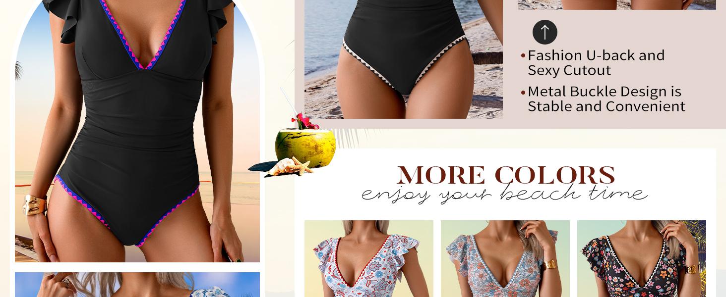 Aidonger Women's One Piece Ruffle Swimsuit Tummy Control Bathing Suit V Neck Shell Stitched Swim Suit Slimming Swimwear