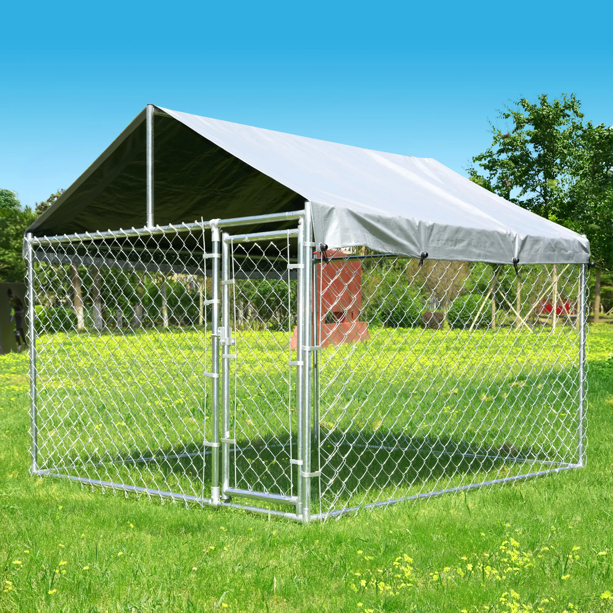 HITTITE Heavy Duty Coated Metal Chain Link Dog Playpen with Heavy Duty Steel Frame, 2 Sizes (6.8'Lx6.8'Wx5.65'H, 10'Lx6'Wx7.65'H) Outdoor Kennel, Lockable Door, Water-Resistant Canopy, Large Dog Enclosure, 1 Box, 66 lbs, Quick Install & Easy Clean, Galvan