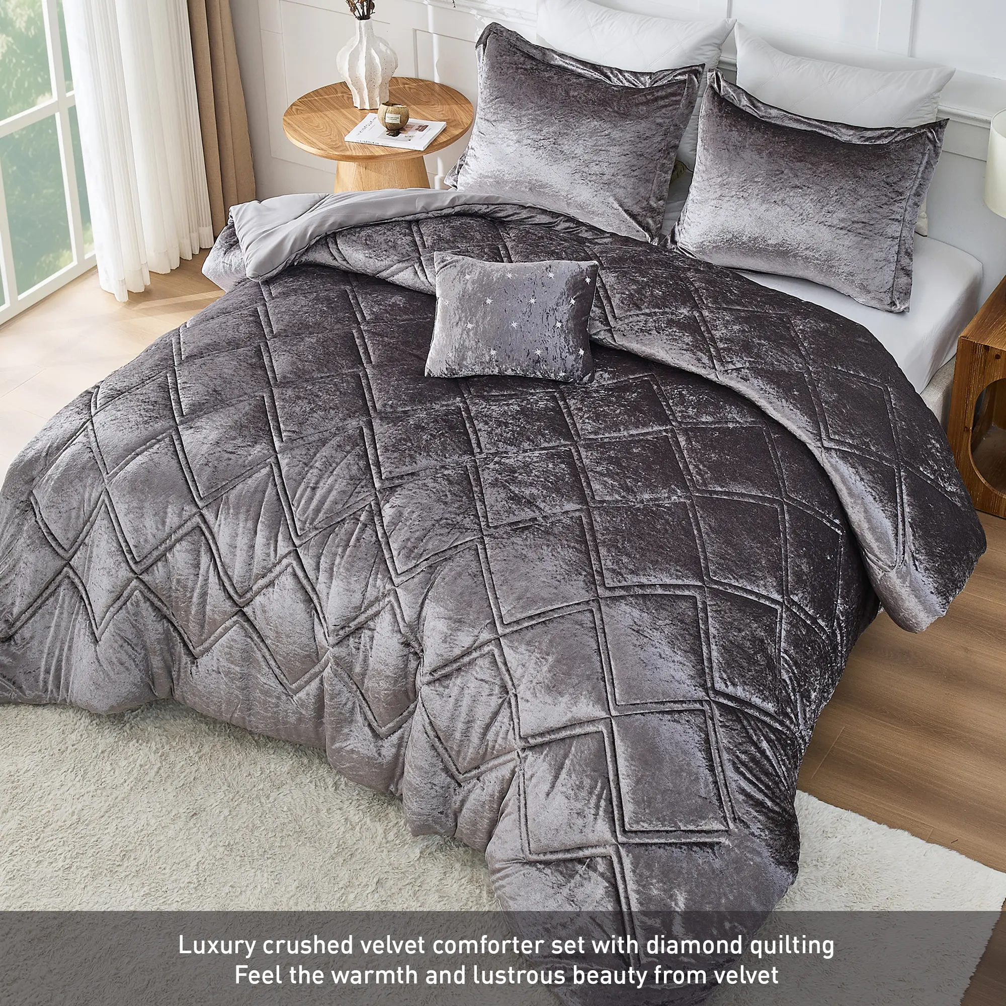 Crushed Velvet Comforter Set  Diamond Quilted Luxury Bedding | Soft Plush, Hypoallergenic Fill 4PCS | Glam Bedroom Upgrade