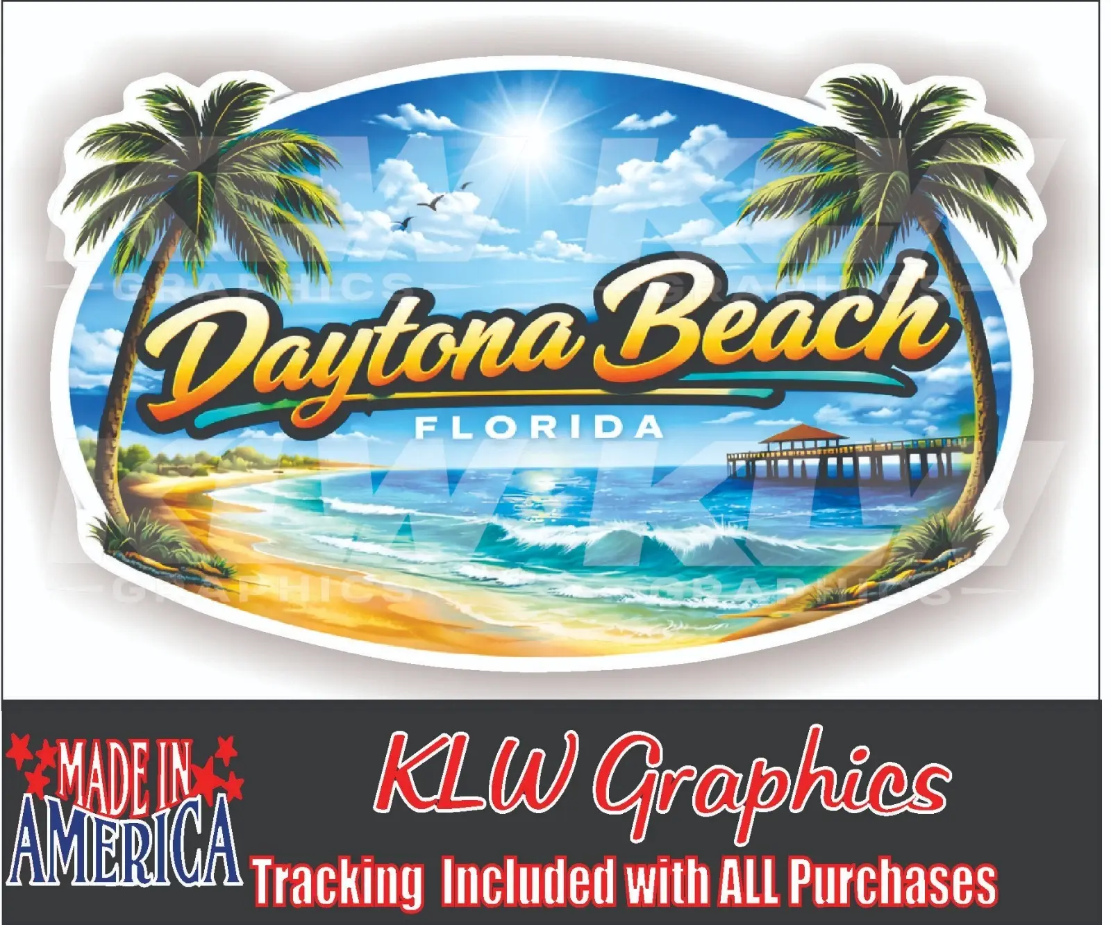 Daytona Beach Florida Tropical Palm Tree Ocean Full Color Vinyl Decal Car Truck Sticker