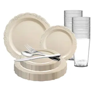 Ivory Vintage Round Disposable Plastic Dinnerware Value Set (60 Settings)