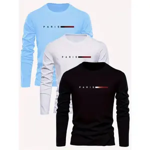 3-Pack Men'S Long Sleeve T-Shirts, Paris Letter Print, Casual Round Neck, Breathable Knit, Comfortable Loose Fit, Fashion Streetwear, Warm Pullover Set, Ideal for Outdoor Sports, Polyester Blend, Regular Length New Style