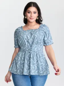 【Summer Turn-Up】【Neck-Lengthening】BlOOMCHIC Plus Size Women's Ditsy Floral Front-Tie Shirred Blouse [M-6X] 2026 Summer Pick for Mother's Day