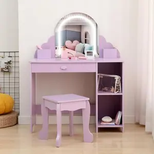 Children's Lighted Dressing Table Set with LED Mirror,2 in 1 Little Girls Vanity Table & Stool,Makeup Desk with Drawers and Open Shelves,Kids Vanity and Study Desk for Bedroom Playroom,Purple