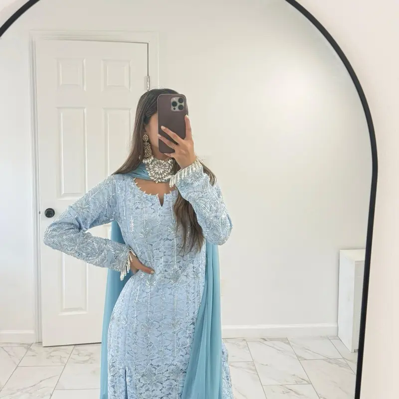 Sky Blue Chentilly Net Pakistani Suit with Full Cut Dana Work for Weddings and Engagement Elegant Lightweight Womenswear Elegance Formal Style Outfit Overall