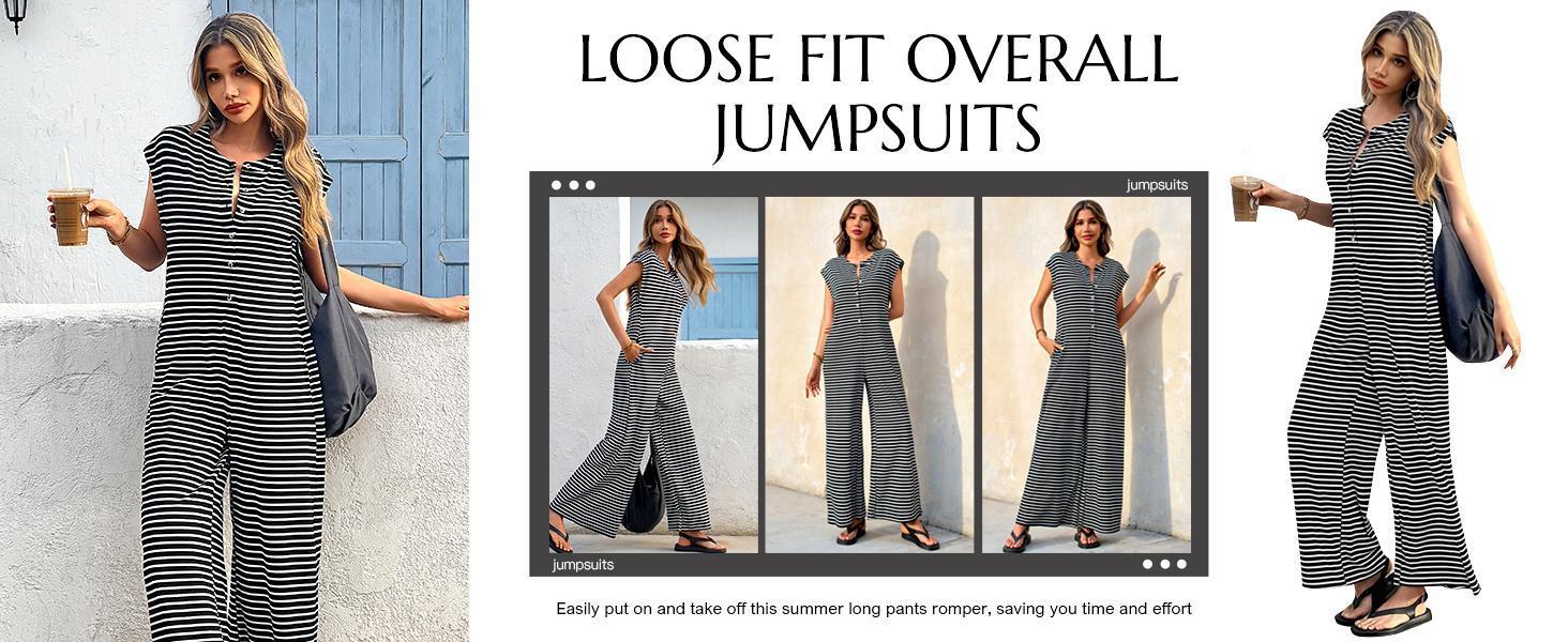 Imily Bela Womens Casual Striped Jumpsuits Summer Cap Sleeve Wide Leg Jumper Romper Button Down Travel Beach Outfits