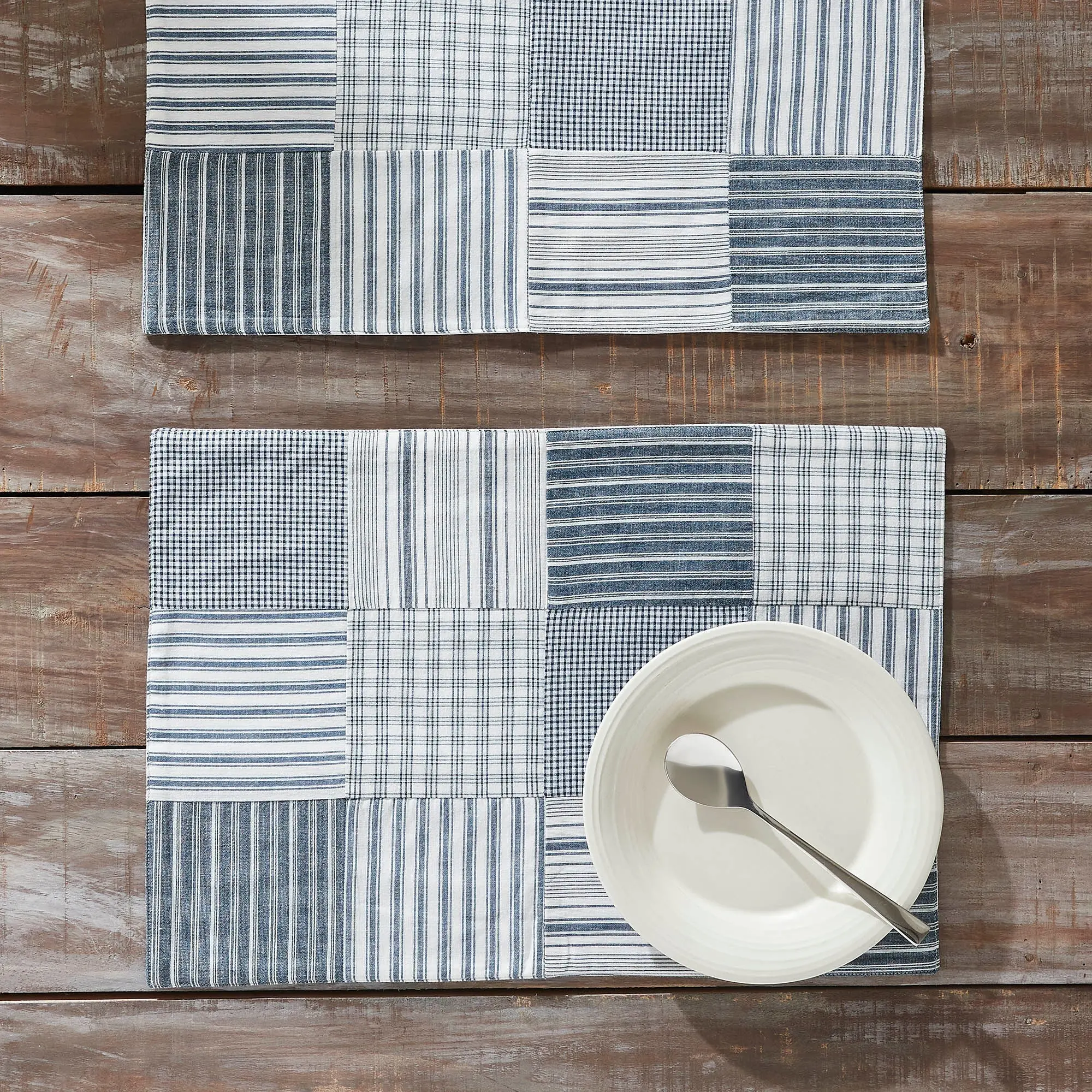 Classic Stylish Denim Farmstead Blue Quilted Placemats - Set of 2, Indoor Kitchenware Tableware for Dining Tables