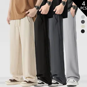 Men’s spring/summer high-stretch, breathable ice silk straight-leg athletic pants with a drawstring elastic waistband and side pockets; 100% polyester fabric that feels cool, airy, and comfortable—ideal for casual wear during workouts, jogging, cycling, a