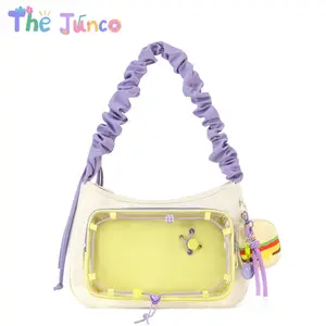 The Junco Dopamine Aesthetic Ita Bag: Contrast Color Cream Canvas Display Tote, Clear Window Messenger Bag for Enamel Pins & Photo Cards, Vibrant Shoulder Bag for School & Travel