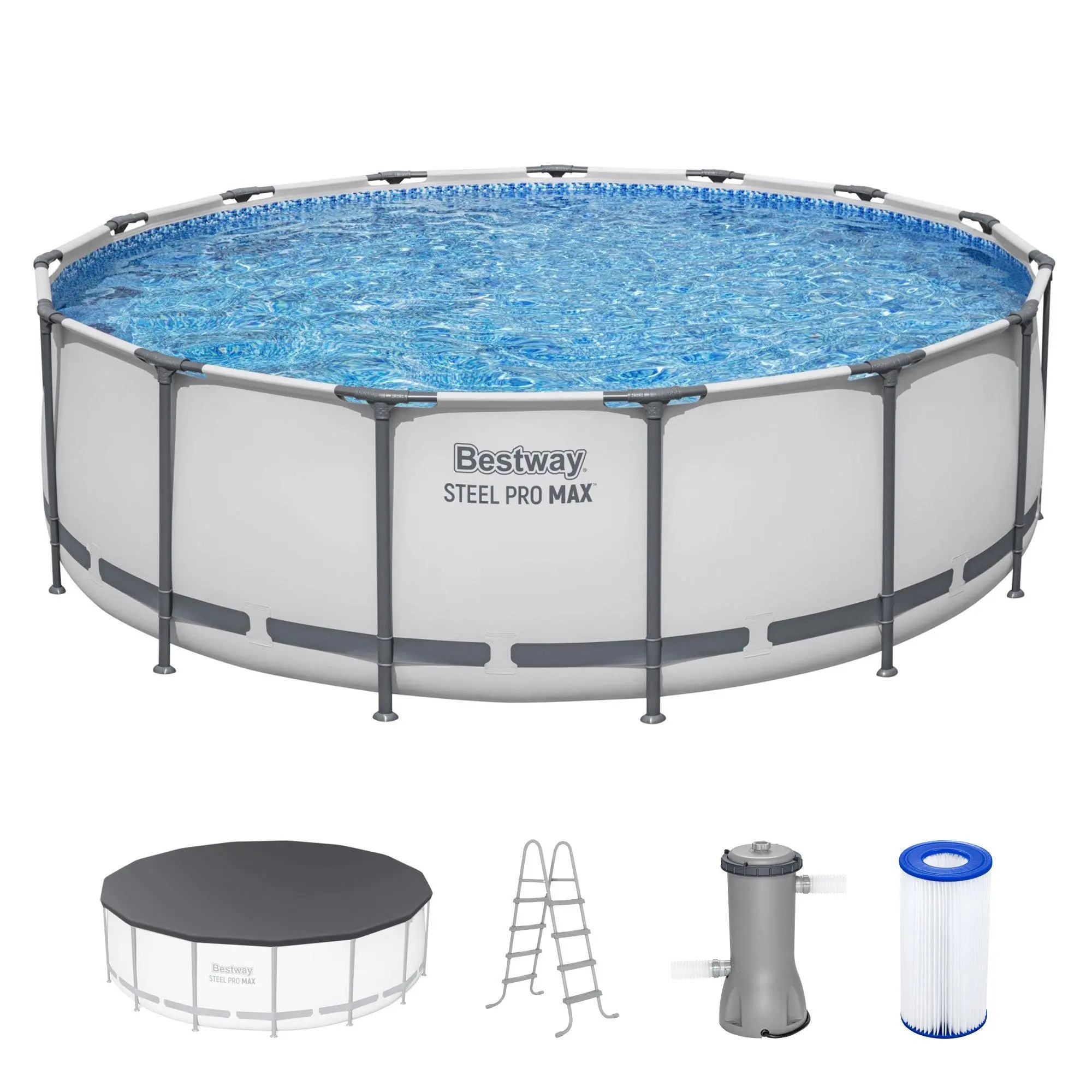 "Bestway Steel Pro MAX Round Above Ground Pool Set, Gray (15 Ft | 14 Ft | 13 Ft | Size Options) Complete Set with Filter Pump, Ladder and Cover