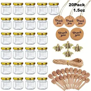 20 Pcs Mini Glass Honey Jars 1.5Oz Hexagon Small Jars with Wooden Dippers Bee Charms Thank You Cards Jutes Pouch Stickers for Baby Shower Wedding Party Favors