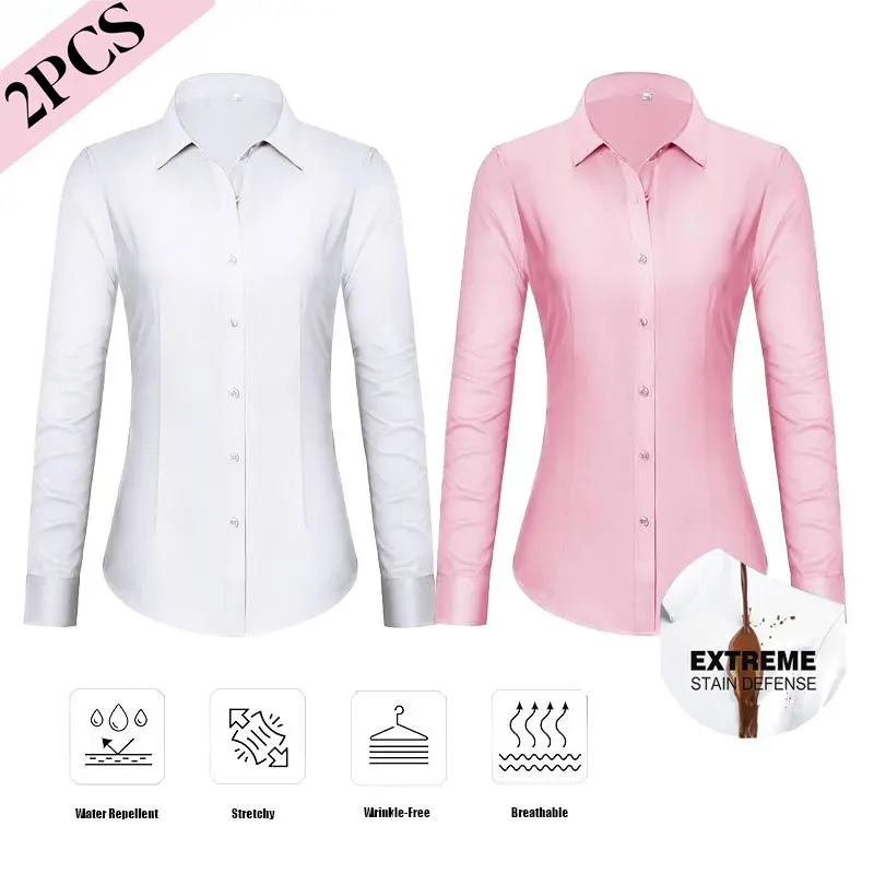 2-Pack Siliteelon Button Down Stain Shield Dress Shirts for Women Collared Wrinkle Free Dress Shirt Classic Fit Long Sleeve Tops Business Casual Work Classy Layering Blouse Spring Summer Outfits Inspo tiktokshopspringglowup Summervibes summerwins