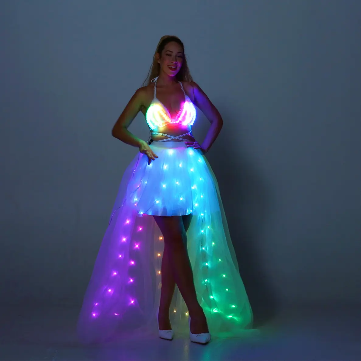 Women Smart LED Light Up Tulle Tutu Skirt | Adult A-Line Rave Costume, Elastic Waist, for Birthday, Dance, Halloween Look Lady Womenswear Party Festival