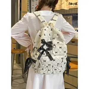 Velvet Bow Backpack Cute Versatile Backpack Large Capacity Student Bag, Outdoor Travel Shoulder Bag, Stylish Schoolbag for Daily Use