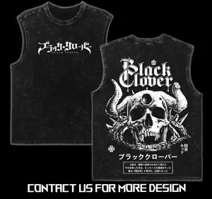 Black Clover Anime Oversized T-Shirt & Tank Top | Y2K Vintage Graphic – Retro Manga Acid Wash Crewneck Pullover – Unisex Otaku Streetwear Vibes - Menswear Cotton Top