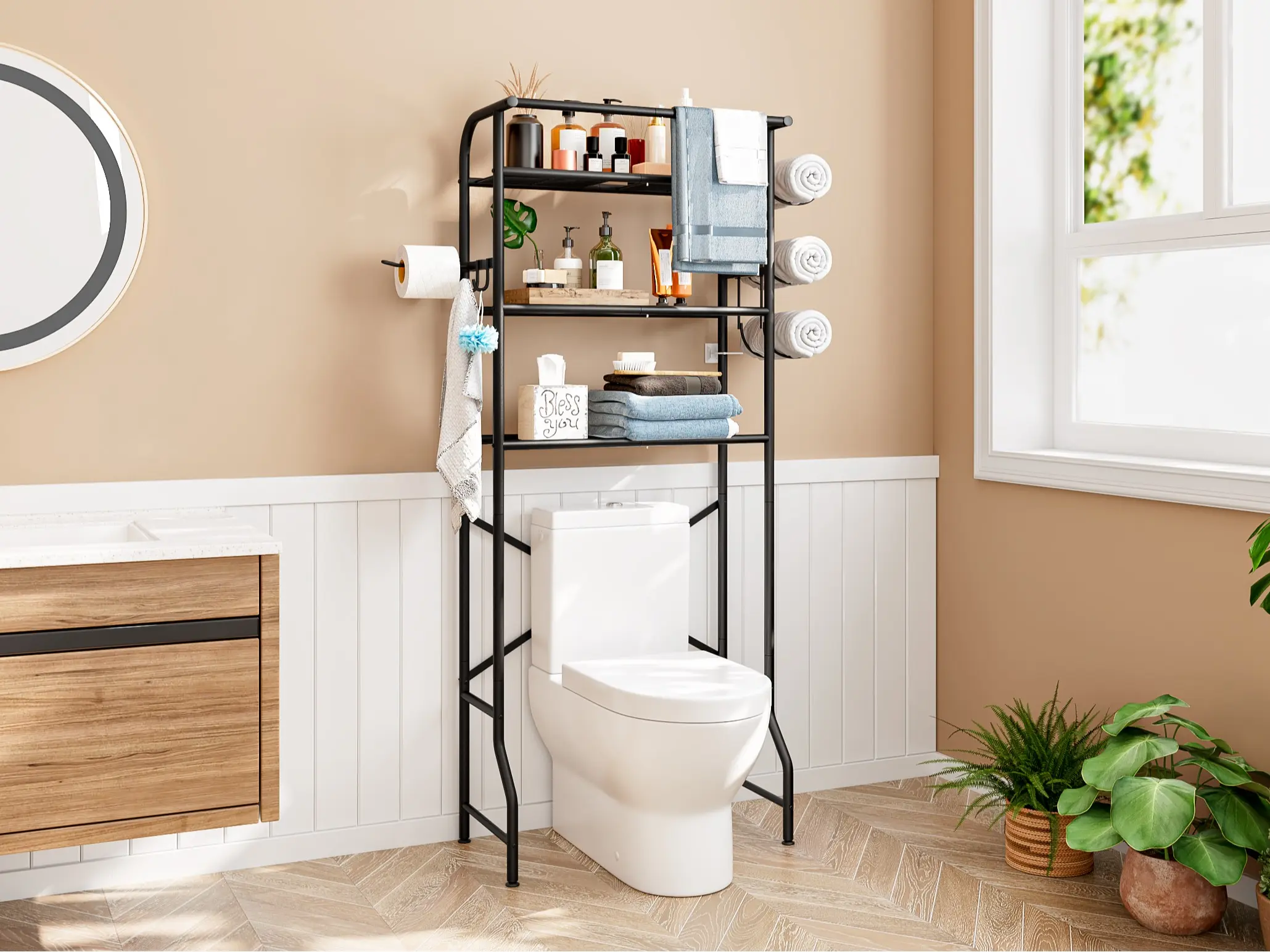 LINZINAR 3-Tier Over-the-Toilet Storage Cabinet with Built-In Toilet Paper Holder - Sturdy Metal Bathroom Organizer Supplies, Space-Saving Storage Organization Rack for Clutter-Free Restrooms