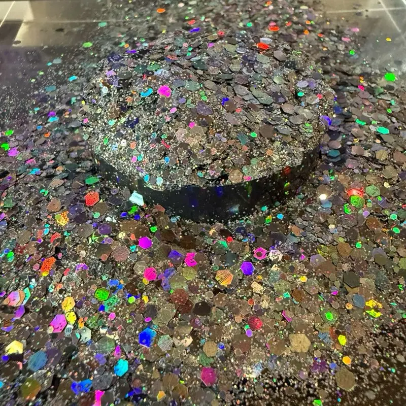 Reese & Riley Co. Smoke Show Premium Grey Holographic Glitter - High-Shine Chunky Mix, Glam High-Reflect Sparkle, Ideal for Resin Art, DIY Crafts (A Little Goes a Long Way), High-Reflect Holographic Sparkle