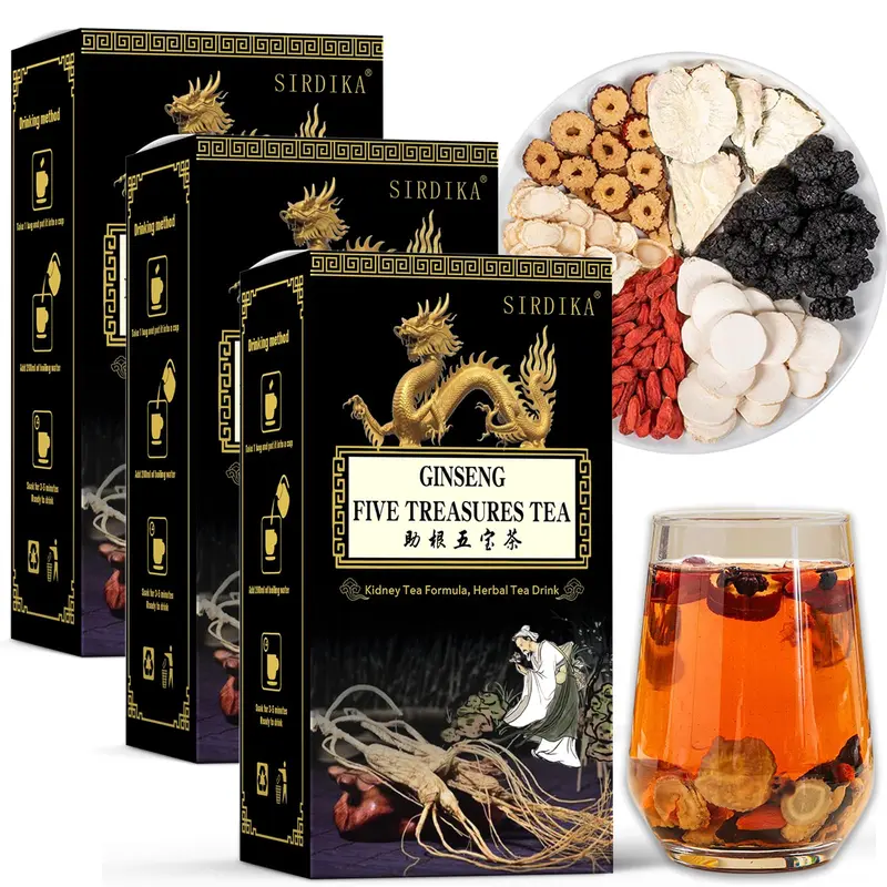 HOT !! Ginseng Five Treasures Kidney Care Tea - Zhu Gen Wu Bao Cha - Mens Herbal Tea (30 bags/3 boxes)