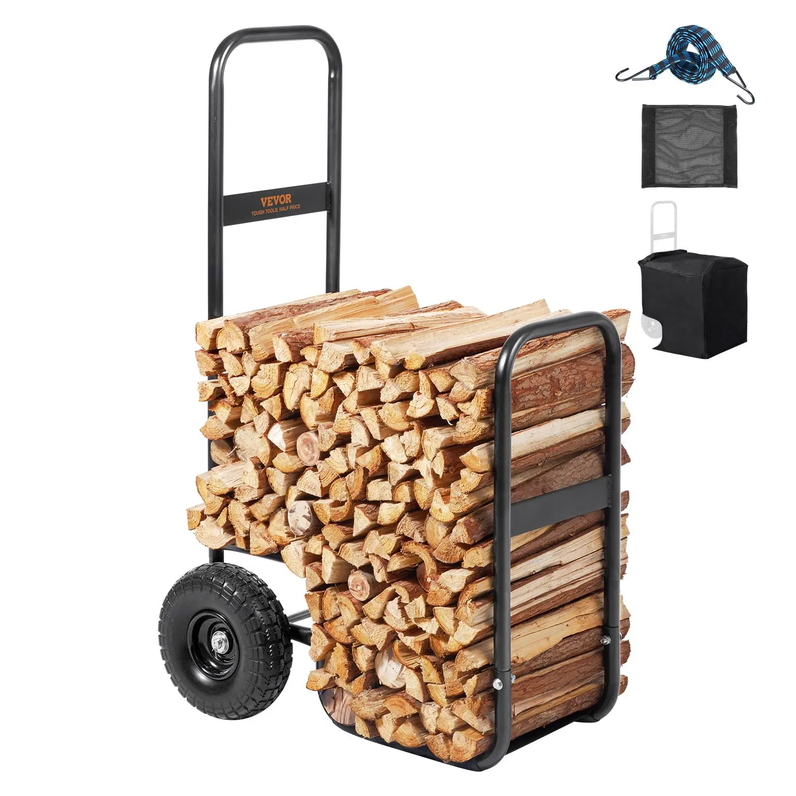 VEVOR Rust-Resist Carbon Steel Firewood Log Cart, 250 lbs Capacity Heavy Duty Dolly Hauler with Elevated Guardrail, PU Transport Wheels, Waterproof Cloth, 18.6 lbs, for Fireplace, Home Renovations, Black#SohoChic