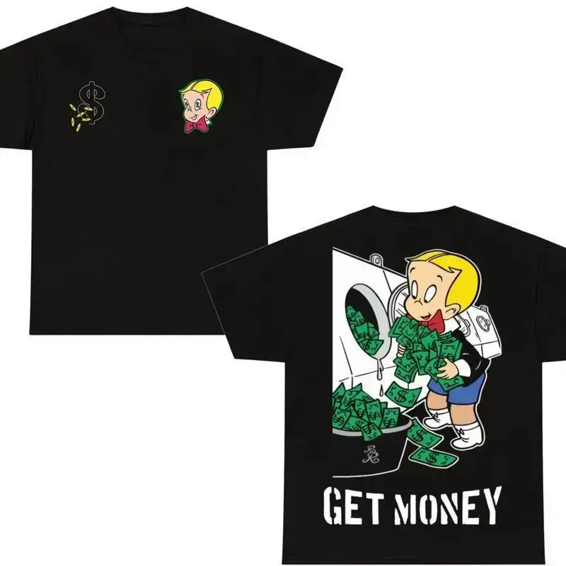 Funny Richie Rich Get Money T-Shirt, Cartoon Money Laundering Tee, Retro Wealthy Graphic Shirt, Meme Streetwear, richie rich shirts, Mens Womenswear Top Pure Cotton Short Sleeve T-Shirt Casual Breathable