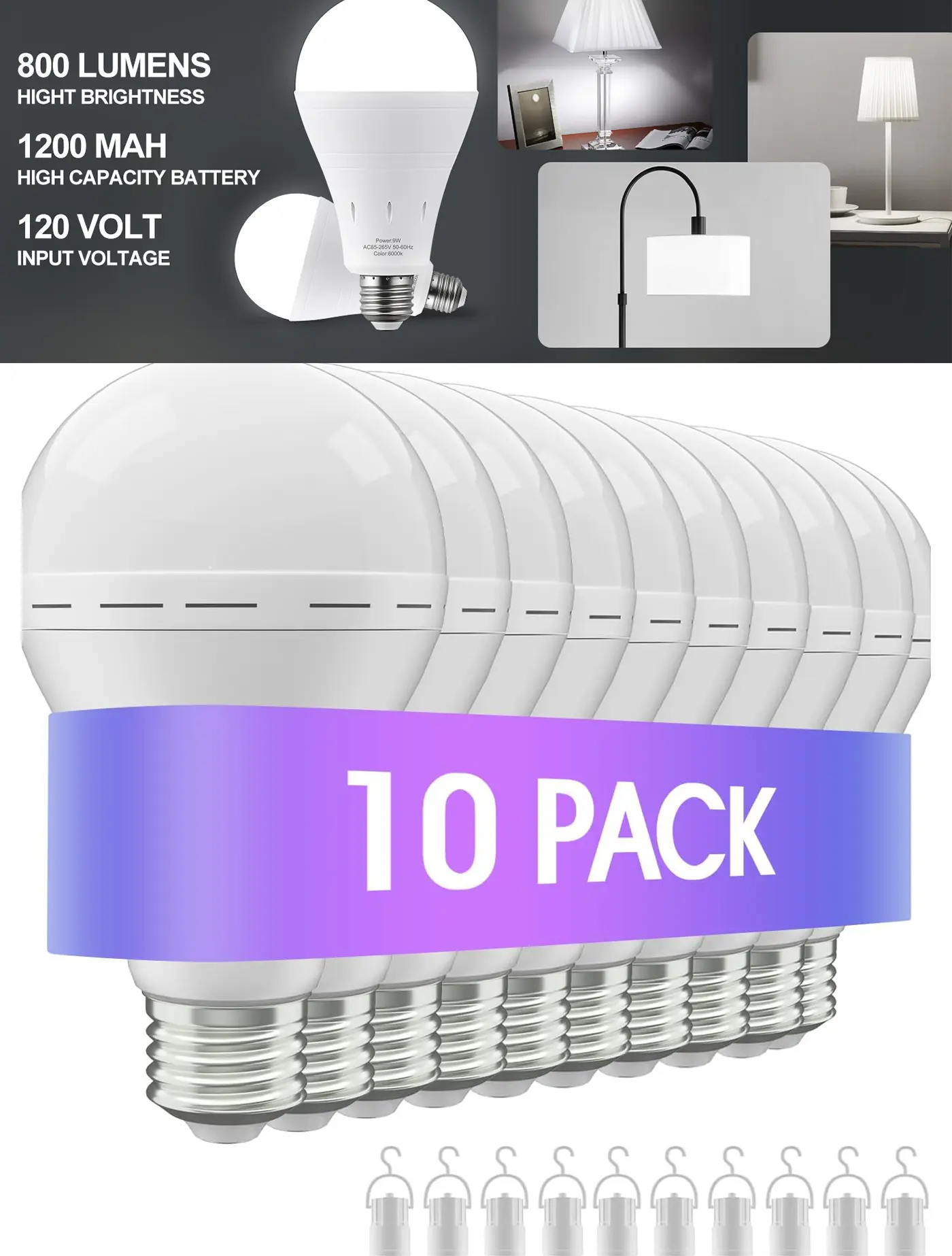 A19 Emergency-Rechargeable-Light-Bulb, Stay Lights Up When Power Failure, 1500mAh 12W 60W Equivalent LED Light Bulbs for Home, Camping, Tent (E27/E26, with Hook) (Daylight) summervibes tiktokshopbacktoschool