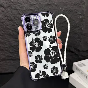 Black Hibiscus Flowers Pattern Four Corner Anti-Fall Phone case for iPhone Samsung Galaxy 17Pro Max Air 16Plus 15 14 13 12 11 XR XS S25 S24 S23 S22 cases, Transparent cover, Non-Yellowing, Shockproof Soft silicone, Gifts for girls.JL58